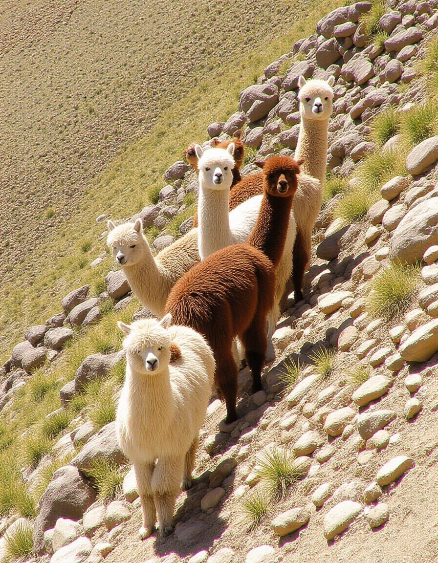 Andean Alpacas Climb Rocky Slope to Village