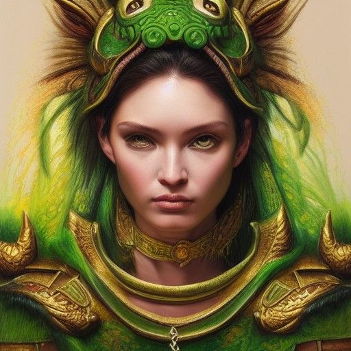 Half-Dragon Warrior Woman Portrait in Oil Painting Style