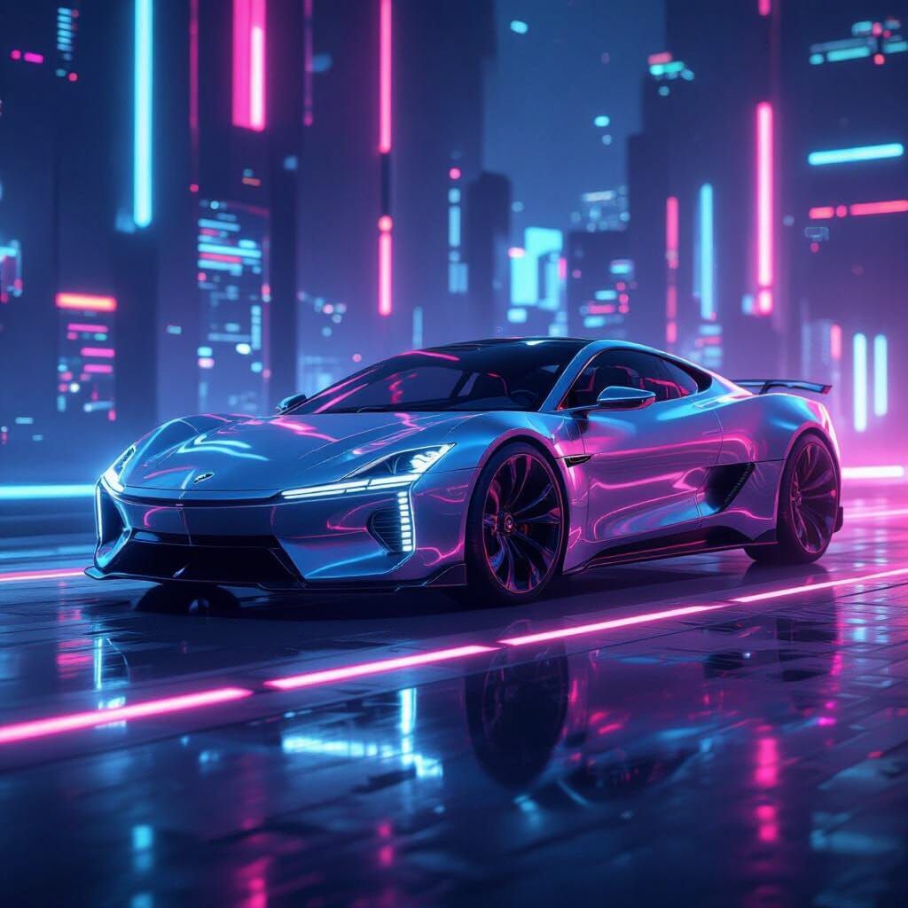 Neon Car in Futuristic Cyberpunk Setting