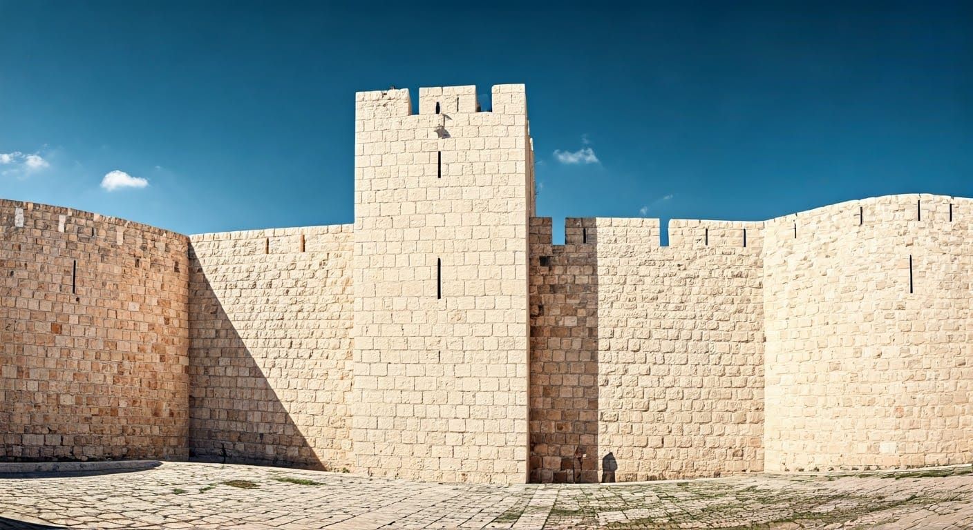 a high wall with tall tower with windows, thom wasselmann, a...