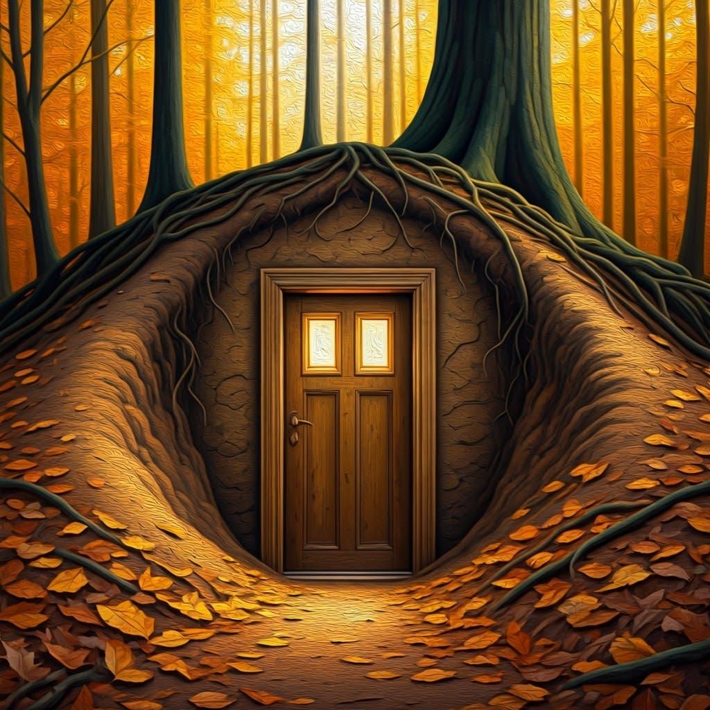 Surreal Glowing Door in Autumn Forest