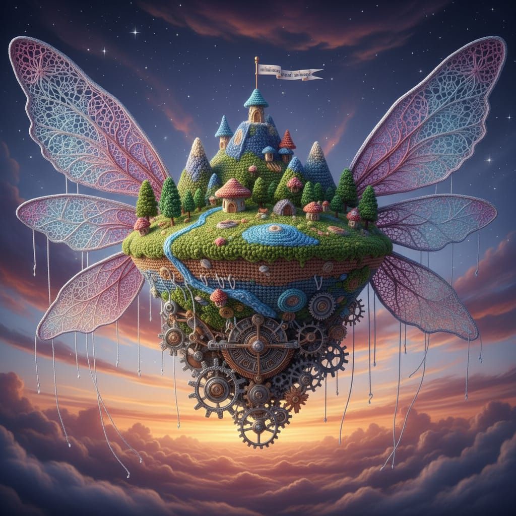 Miniature Crocheted Fantasy Flying Island - Mechanical Croch...