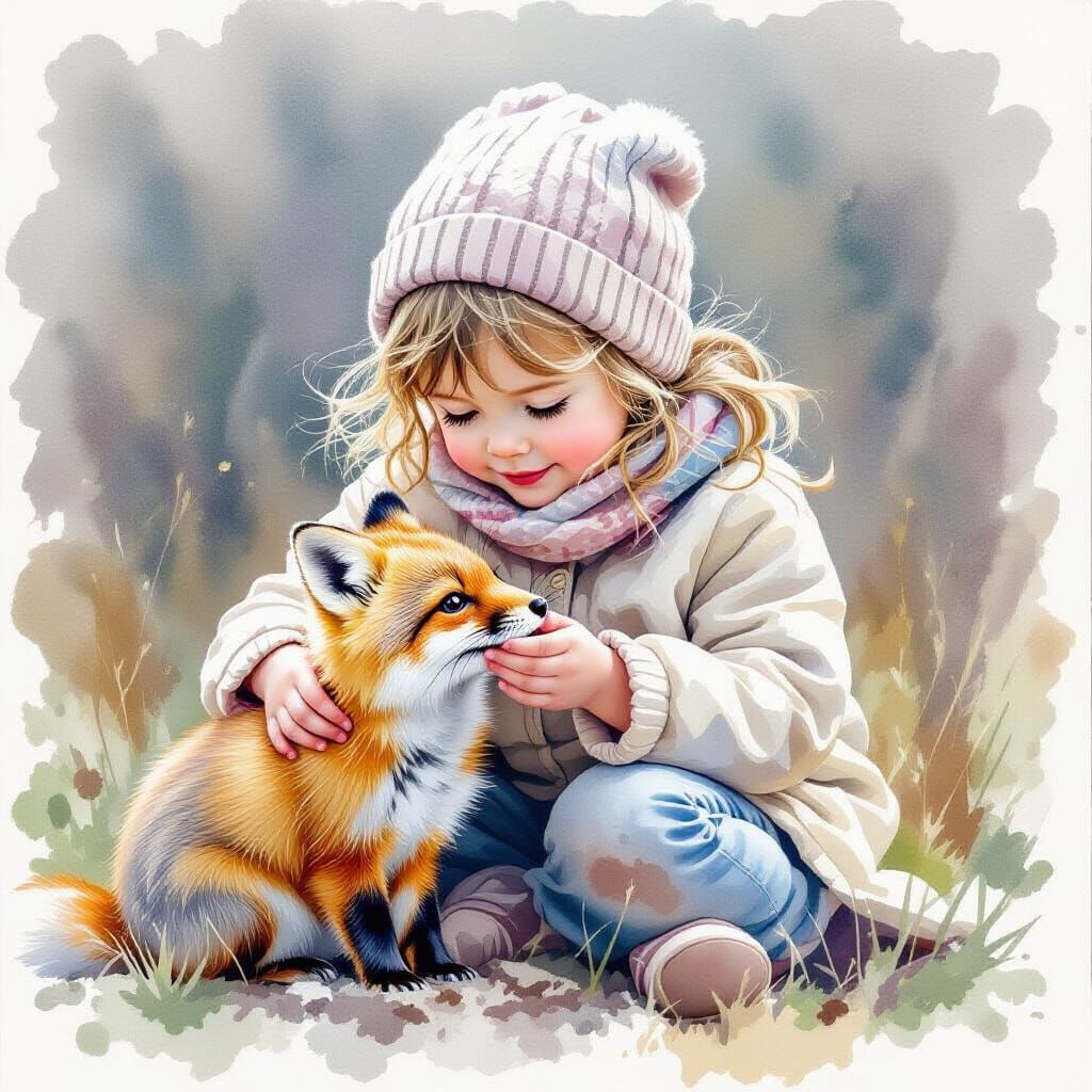 Child Cares for Fox Cub in Watercolor Style