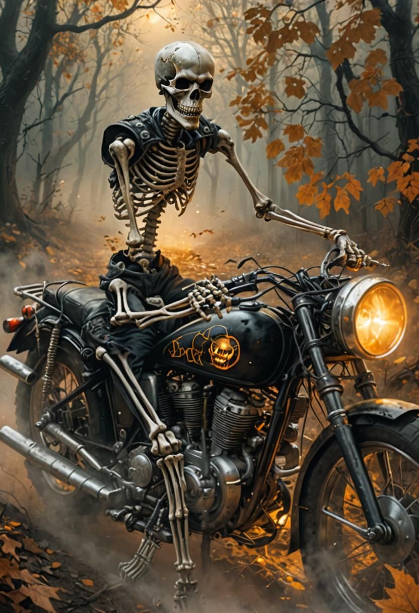 Skeleton Biker Rides Through Misty Halloween Forest