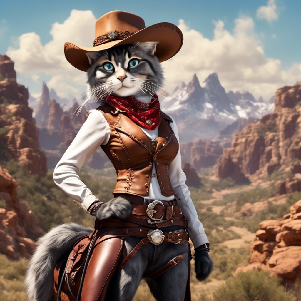 Anthro Cat Cowgirl in Fantasy Wild West