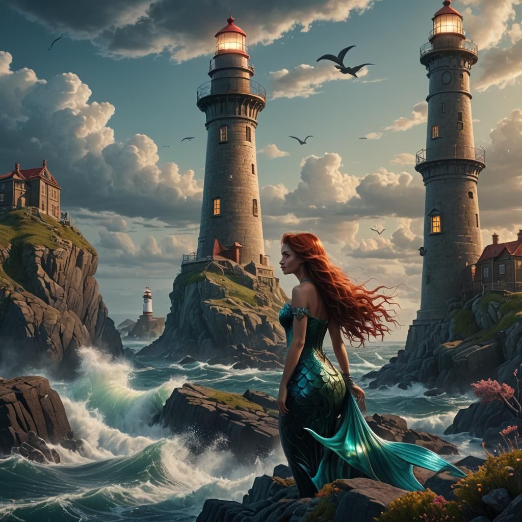 Mermaid at Lighthouse: Detailed Fantasy Concept Art