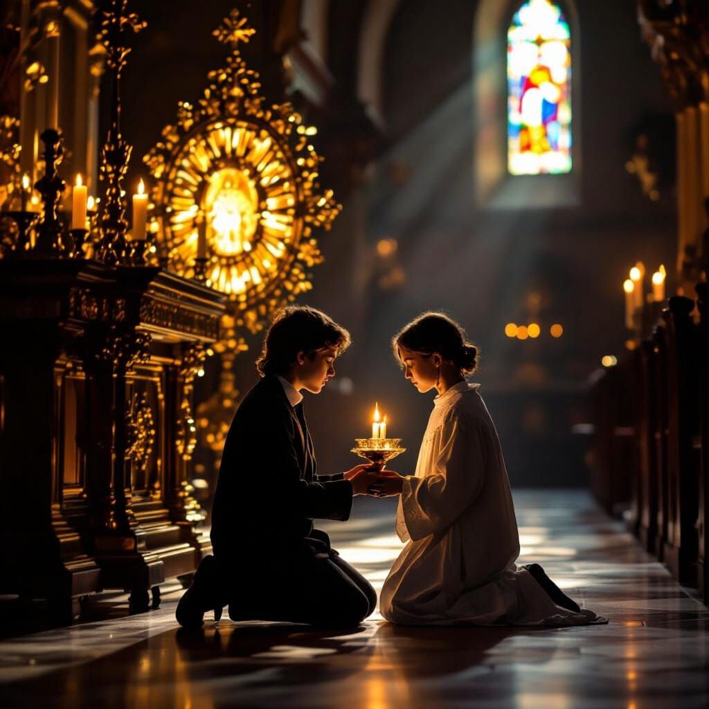 Devotion Before Blessed Sacrament in Candlelit Chapel