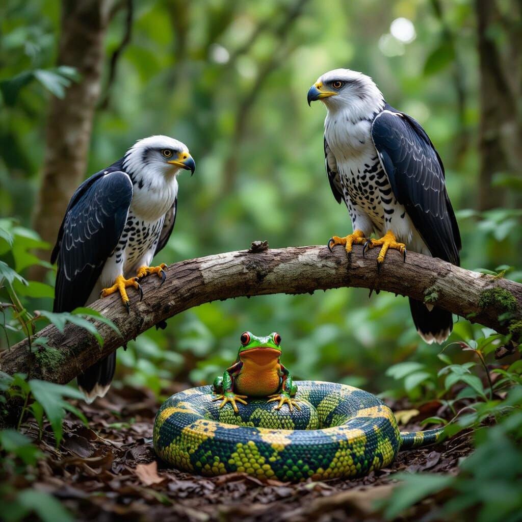 Harpy Eagle, Anaconda, and Frog in Dramatic Cinematic Scene