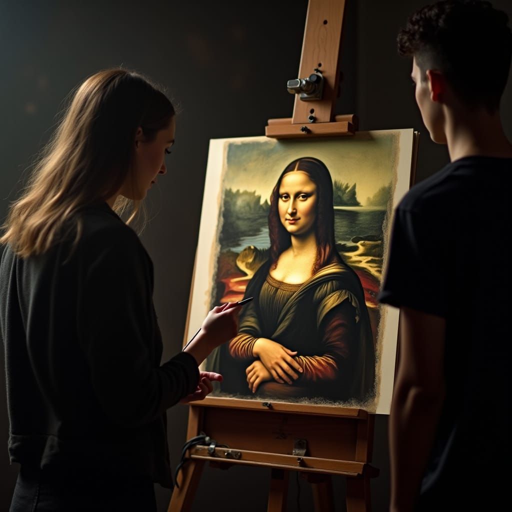 Art Teacher Guides Student Sketching Mona Lisa