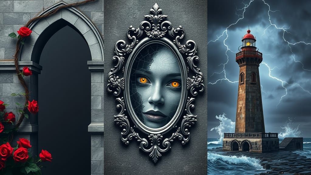 Gothic Archway, Mirror, and Lighthouse Scene