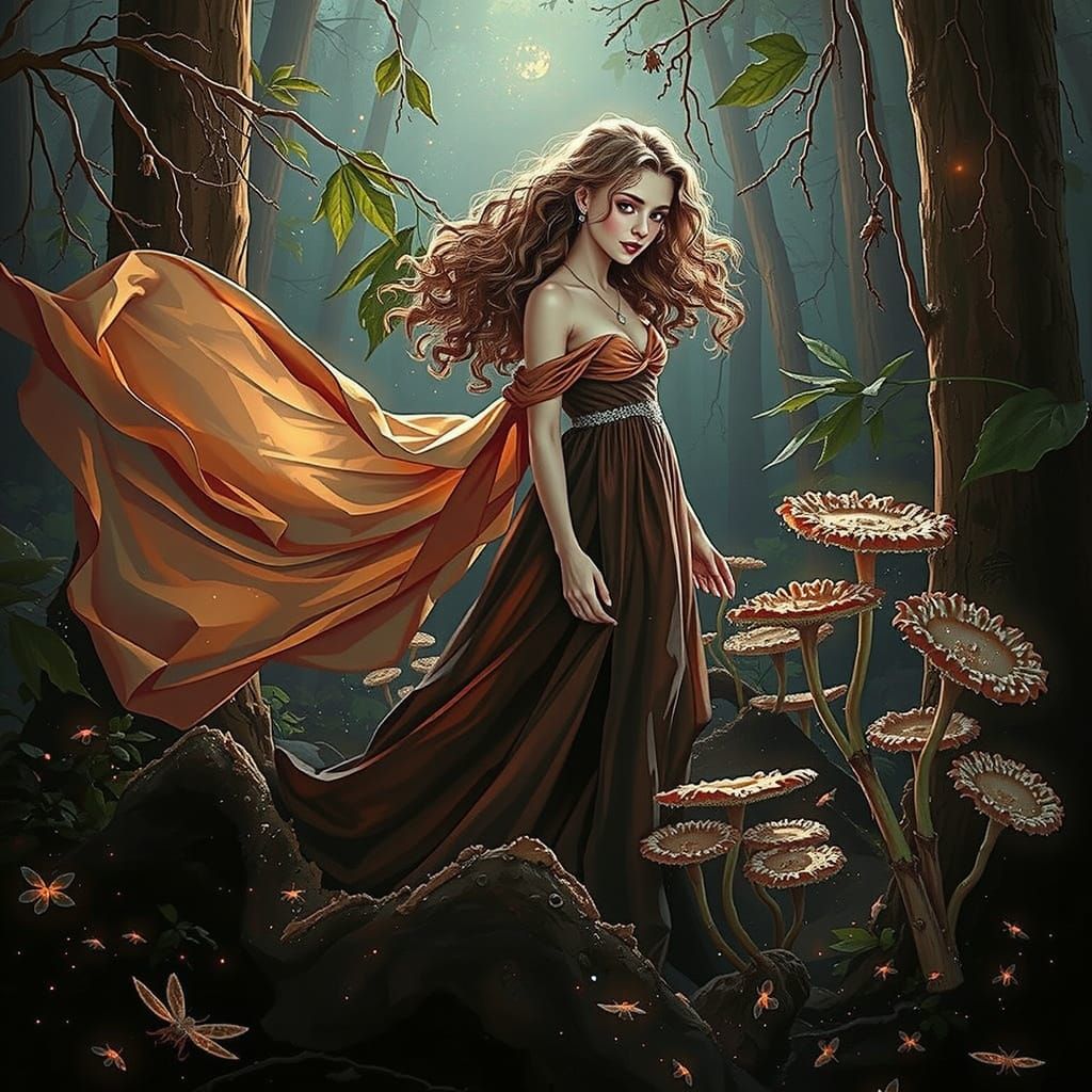 Midnight Wanderer in Bioluminescent Forest, Romantic Illustr...