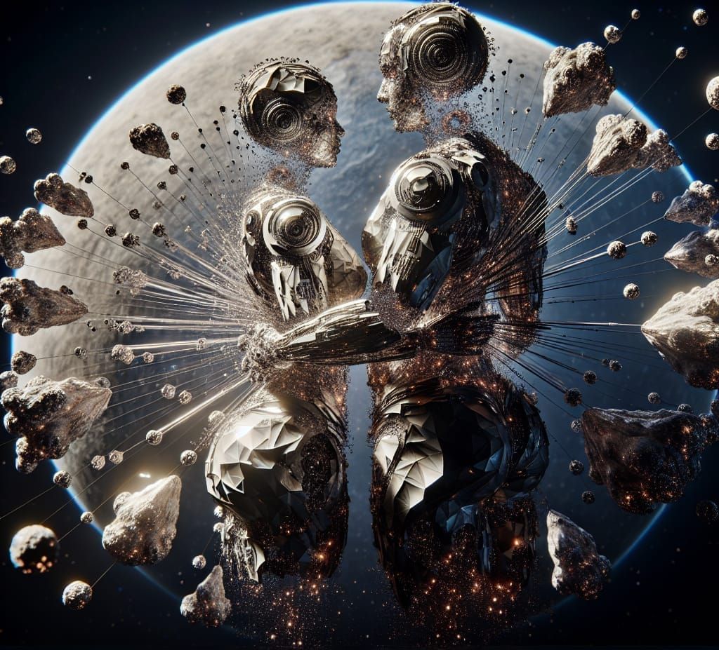 Cyborg Angels Embrace Under Celestial Light