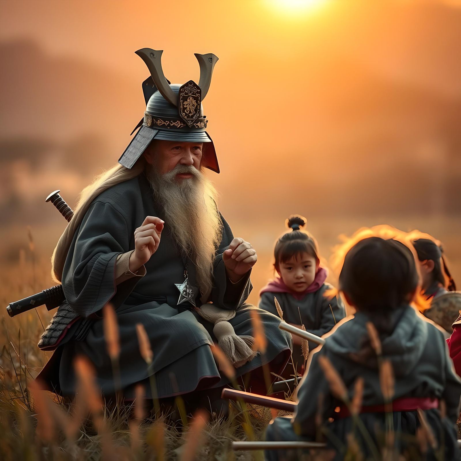 Wise Samurai Teaching Pupils at Golden Hour