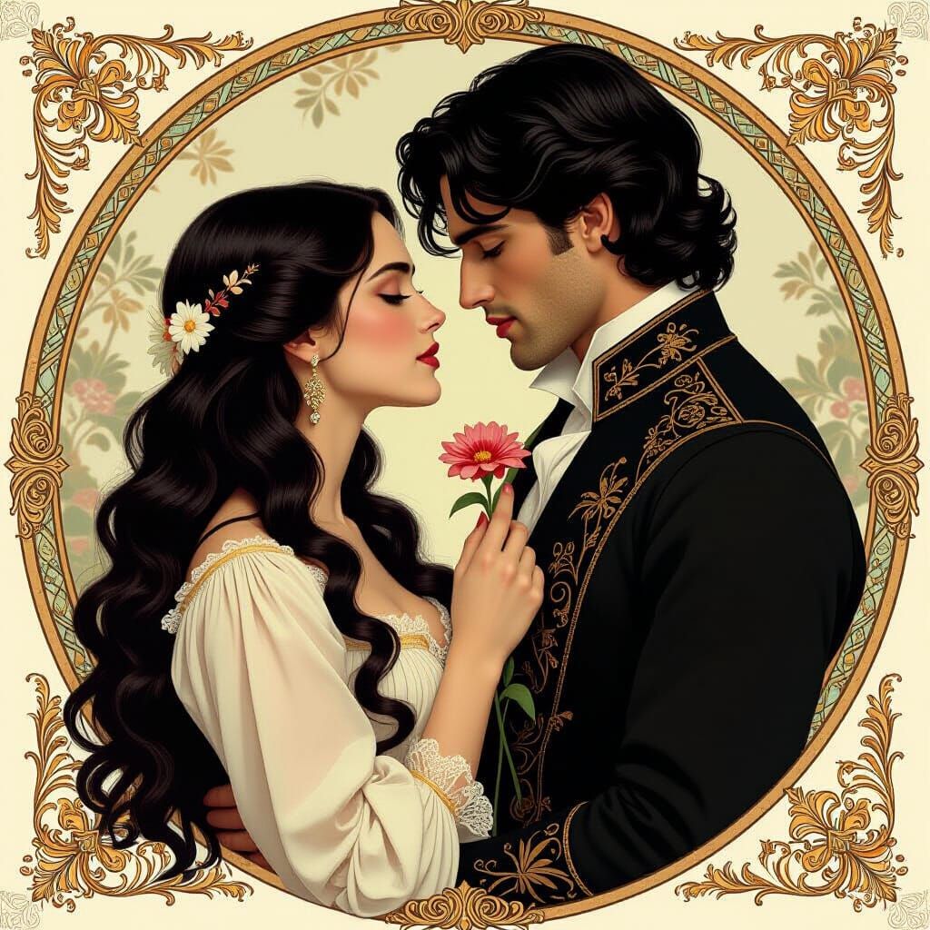 Lovers Embrace in Pre-Raphaelite Style