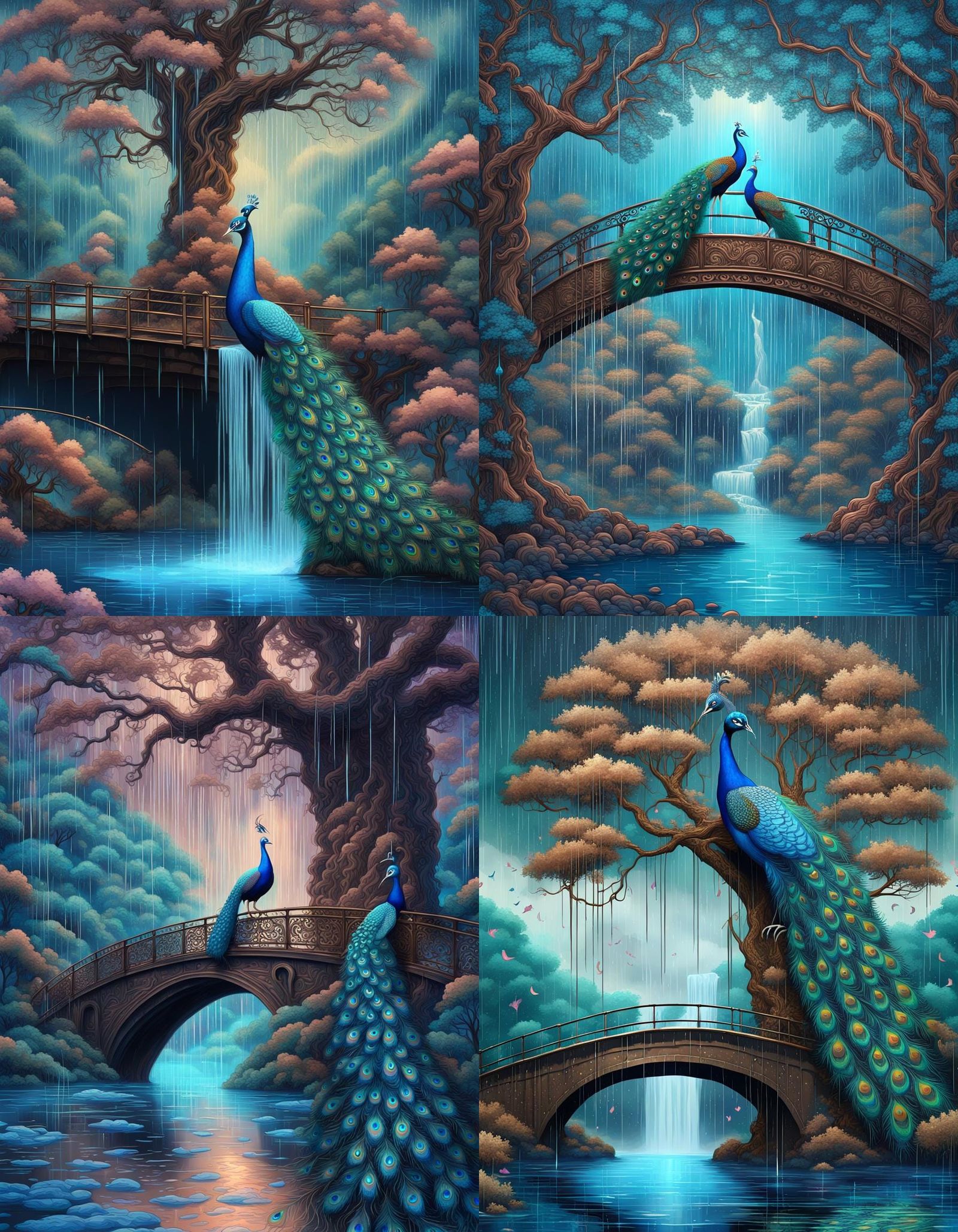Surreal Peacock Bridge and Waterfall Tree Illustration
