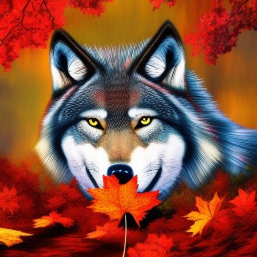 Wolf in Red Cape Amidst Autumn Woods
