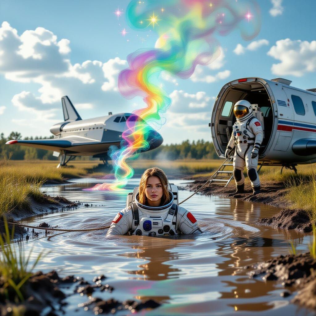 Astronaut Stranded in Swamp Under Galactic Sky