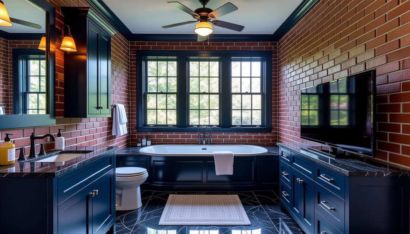 Victorian Dark Blue Bathroom with Brick Accents