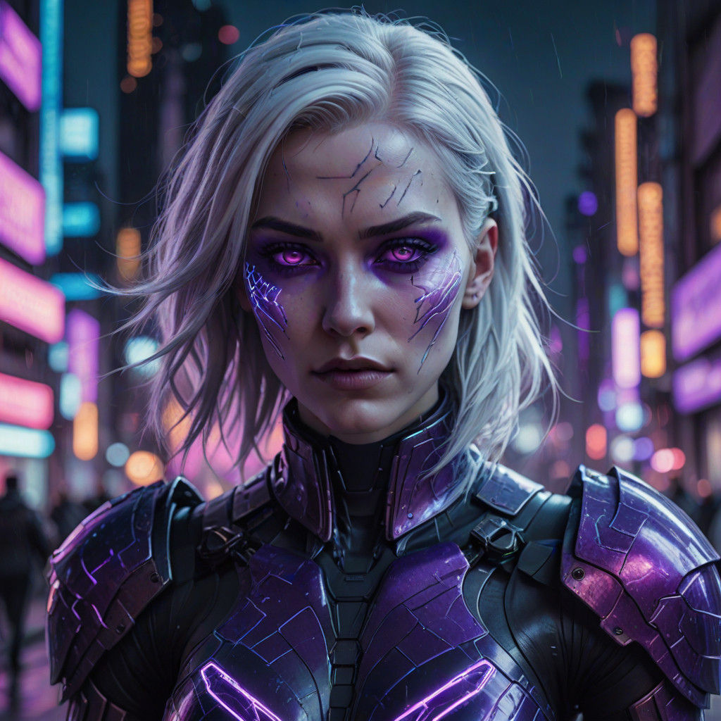 Cyberpunk Demon Girl Profile Portrait with Radiant White Hai...