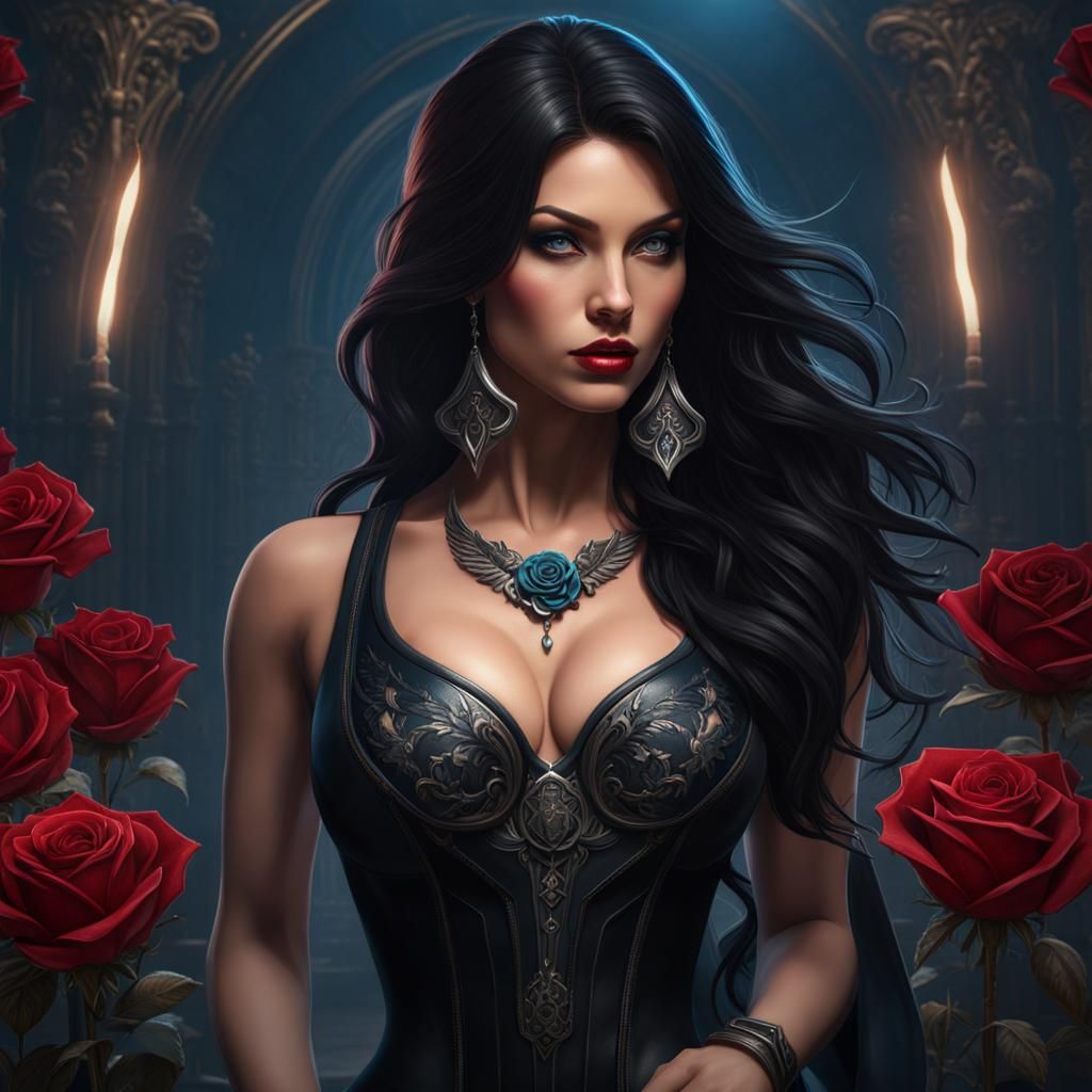 Dark Fantasy Woman with Rose Tattoo in Art Nouveau Style