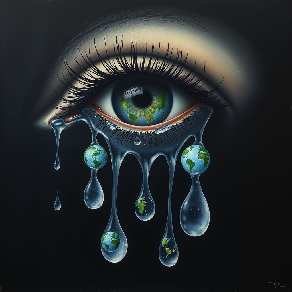 Sorrowful Eye Weeping Miniature Earths in Surreal Style