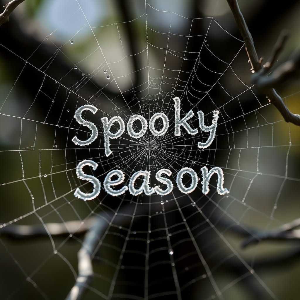 A detailed spiderweb spun between tree branches, with the wo...