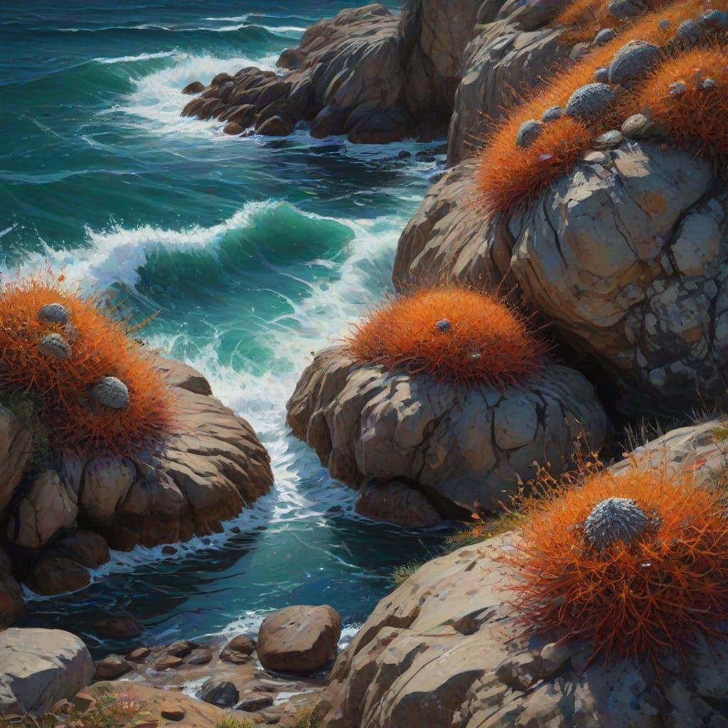 Sea Urchins as Praying Hands in Neo-Impressionist Style