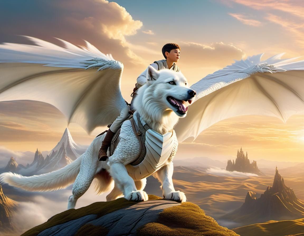Boy and Luck Dragon Flying Over Magical Land
