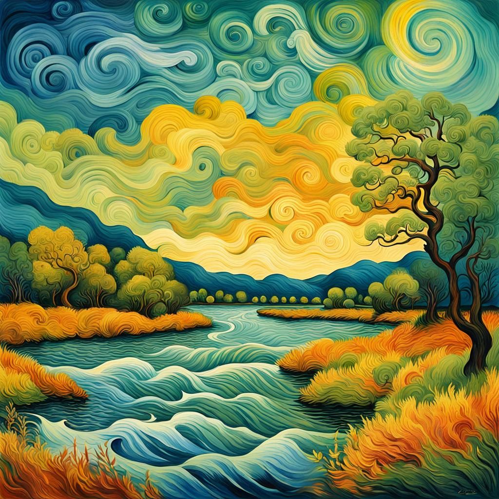 Swirling Riverside Landscape in Impressionist Style