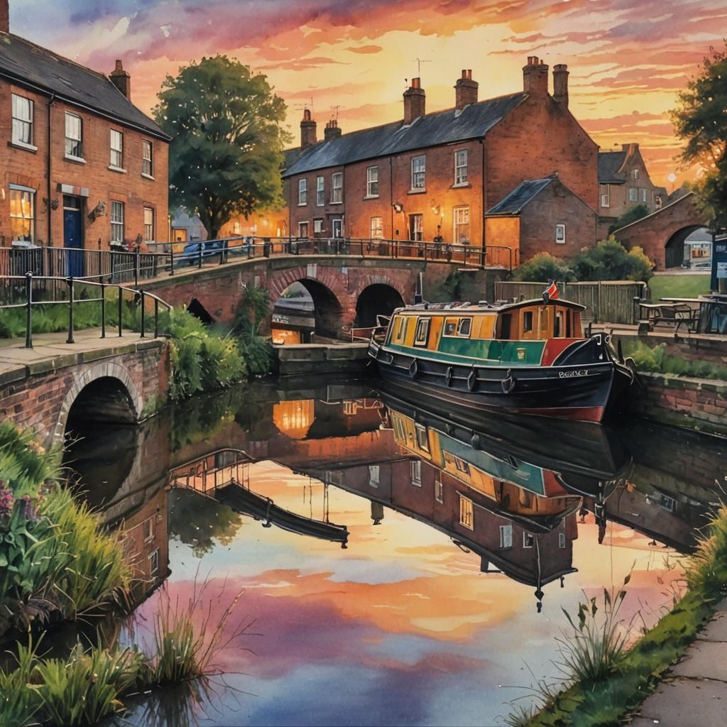Colorful Canal Sunset Watercolor Painting