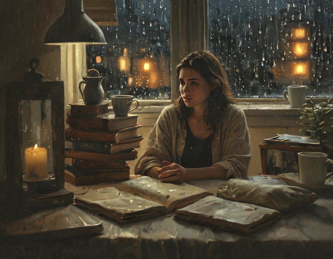 Realistic Night Scene: Woman in Warm Interior