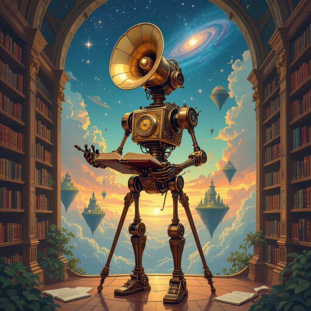 Automaton in Starry Library: Art Nouveau Digital Painting