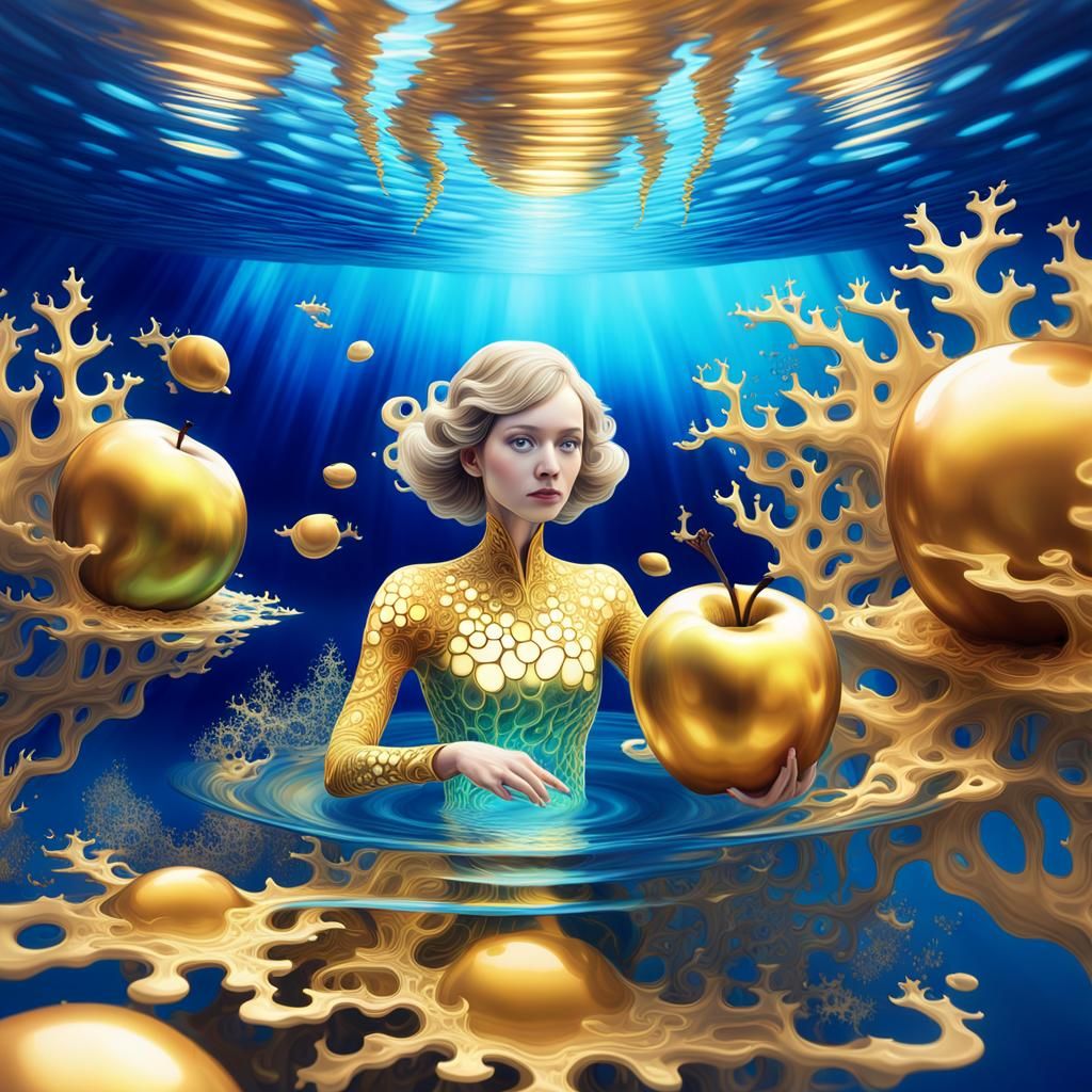 Golden Apple Floating in Water: Abstract Fractal Art