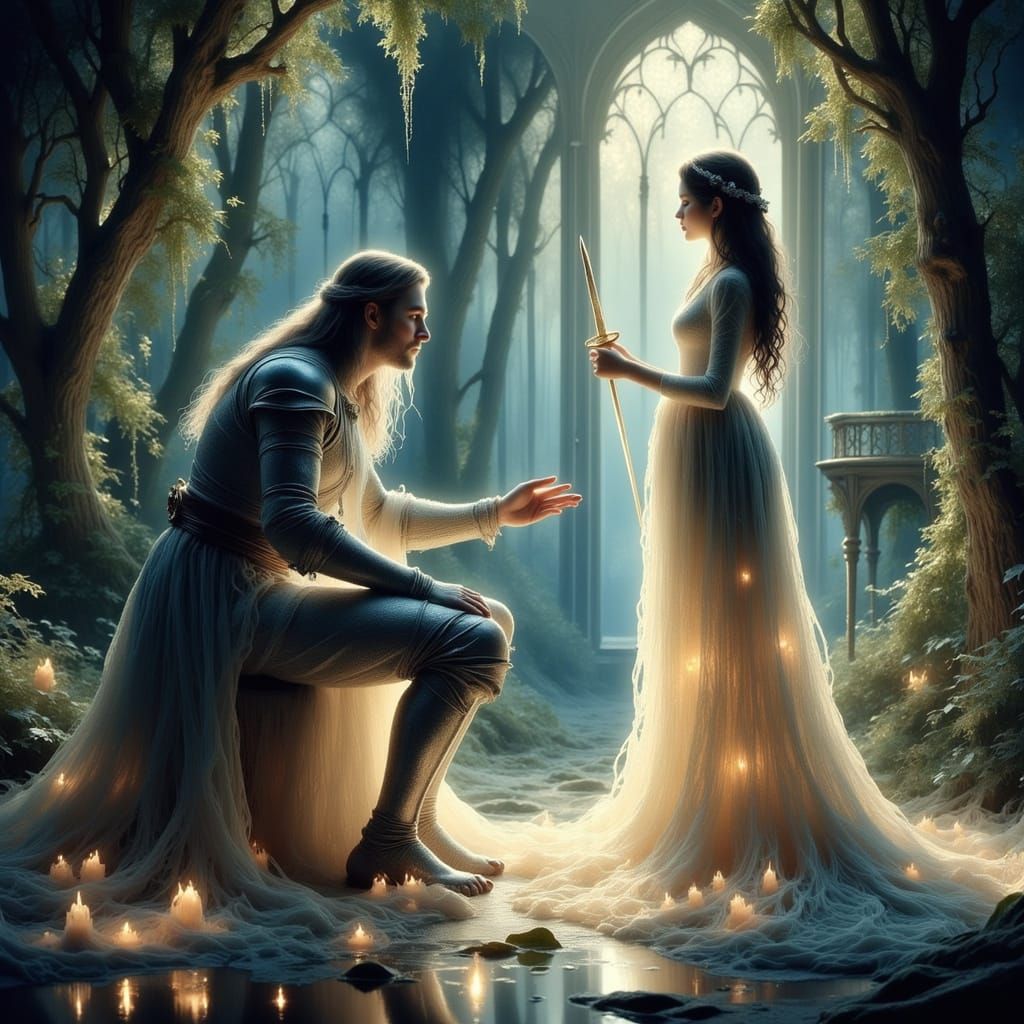 Silver Knight Kneels Before Elven Queen in Enchanted Forest