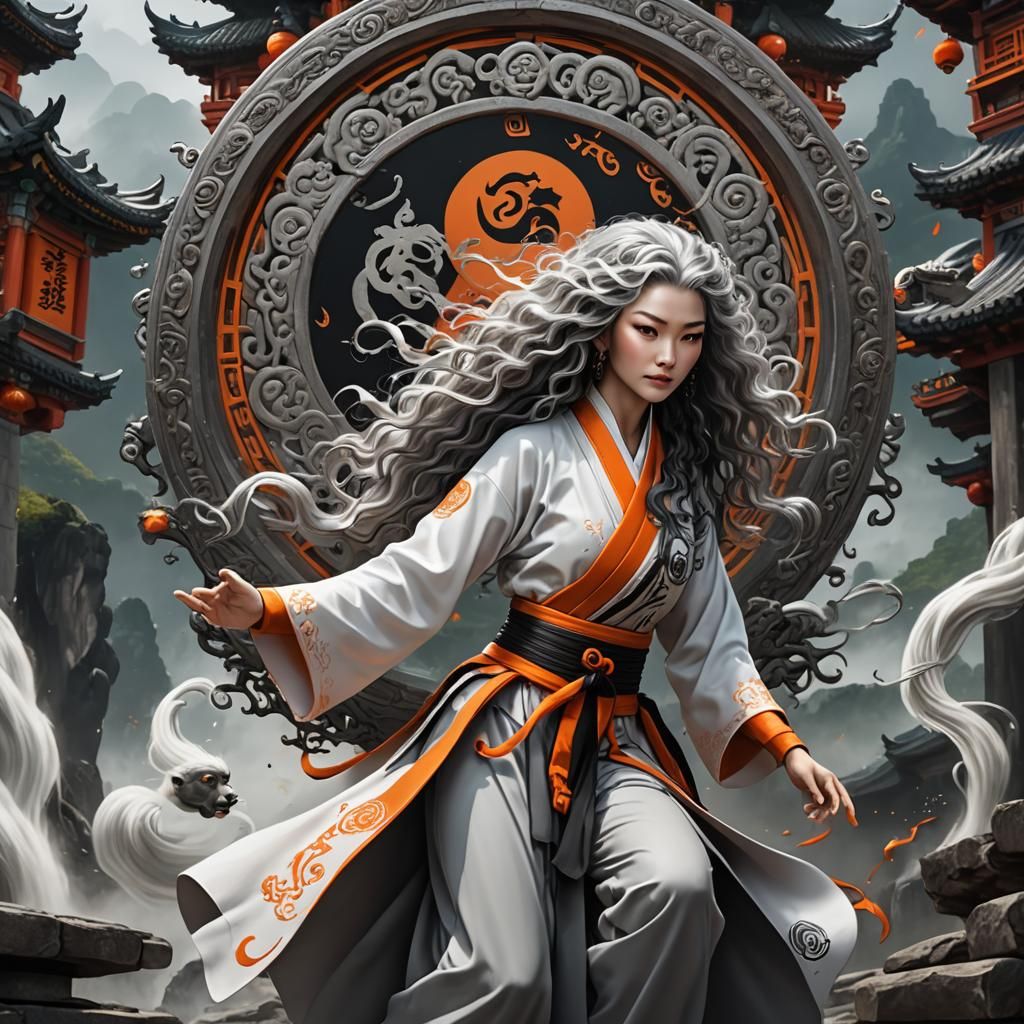 Woman Training Kung Fu in Chinese Temple: Fantasy Art