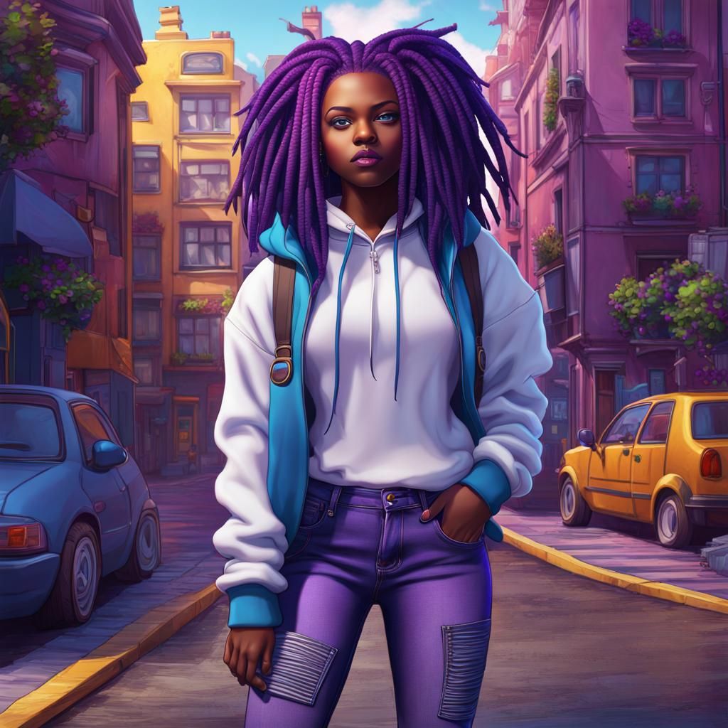 Stylish Comic Art of Black Teen with Purple Dreads