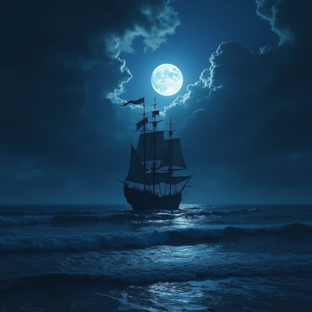 Pirate Ship on a Moonlit Sea in a Dark and Foreboding Night