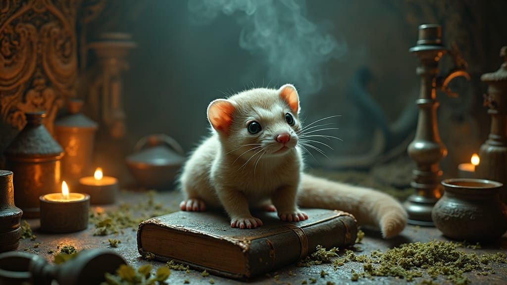 Mystical Ferret in Alchemy Library, Dark Fantasy Art