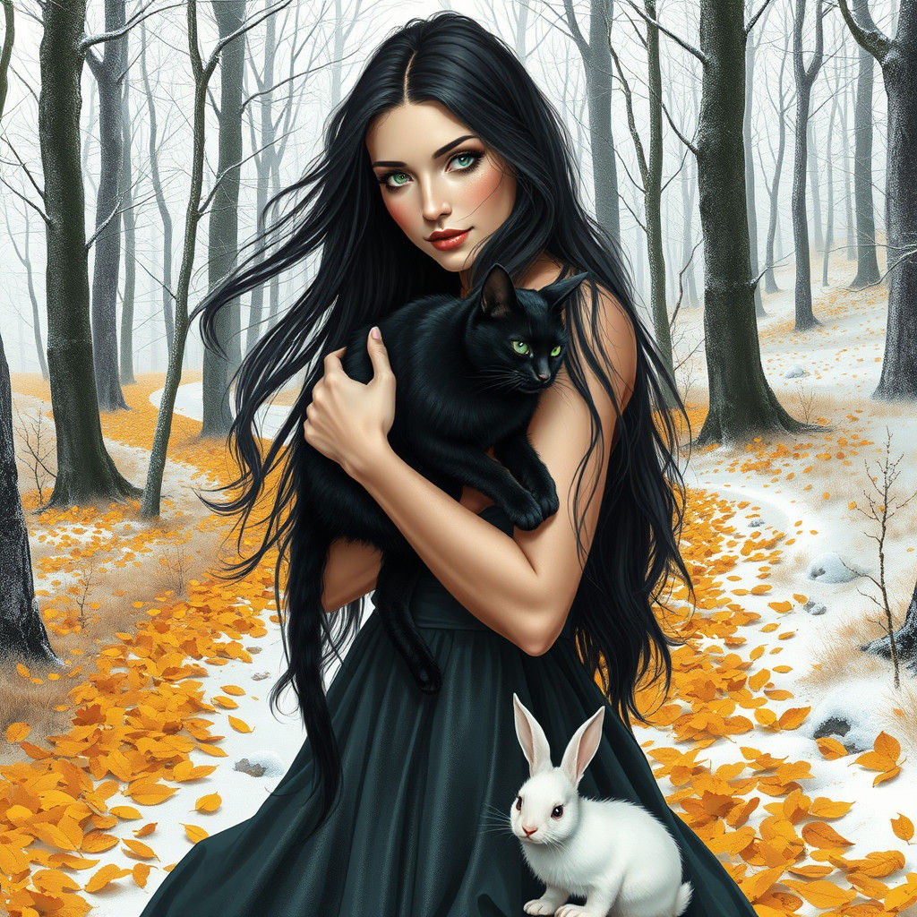 Ethereal Woman with Black Cat and Furry Companion in Frosty...