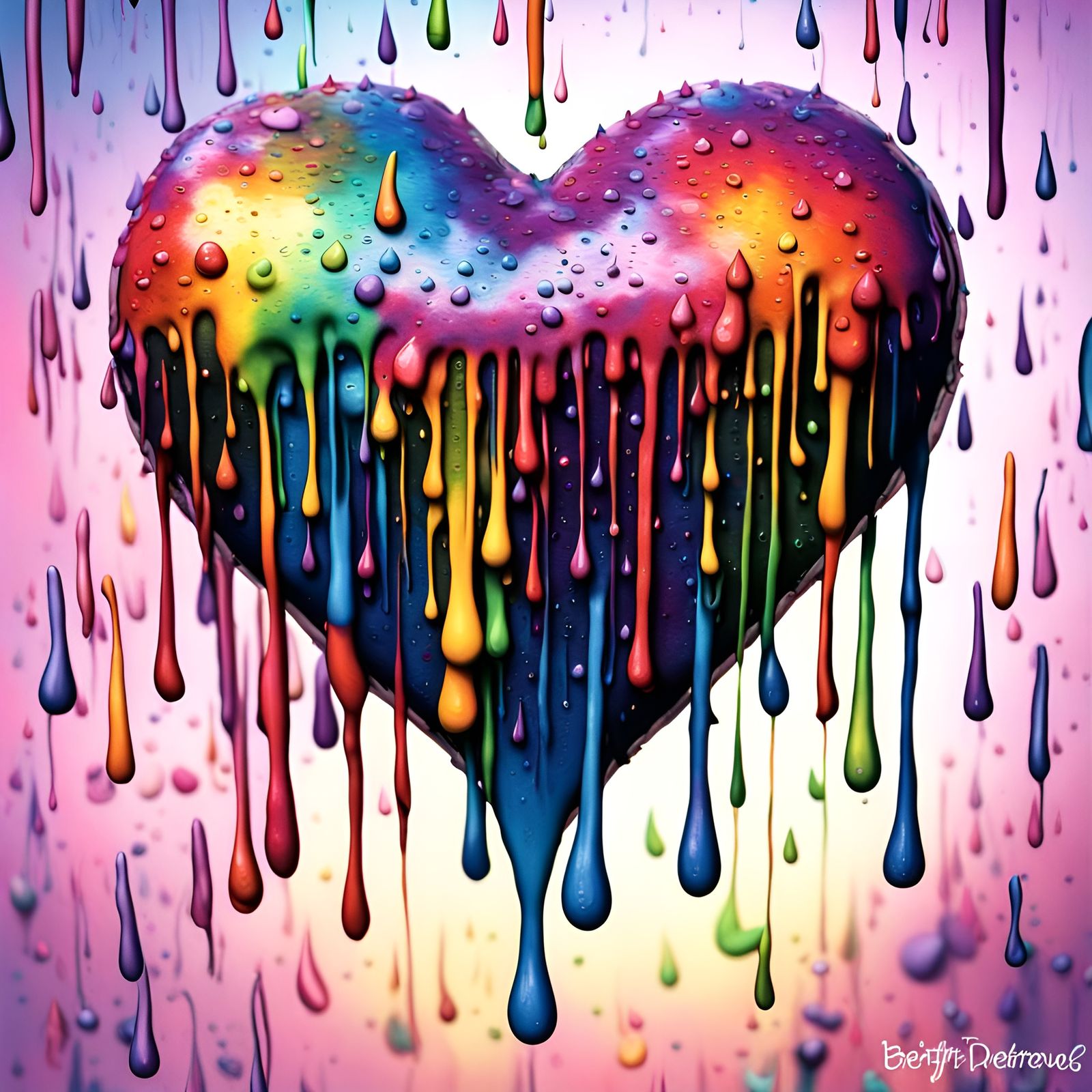 Falling rain drops, tie dye, dripping paint on top of a heart, trippy, beautifully lit, insanely detailed