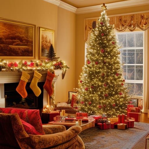 Intricate Christmas Living Room Oil Painting