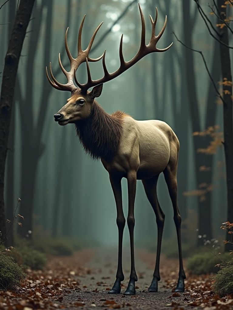 Surreal Distorted Elk in Dark Forest