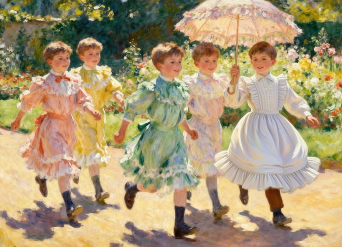 Boys in Edwardian Dresses Holding Parasol