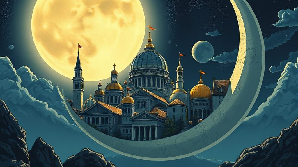 Fantasy City on Crescent Moon, Glimmering Moonlight, Cartoon...