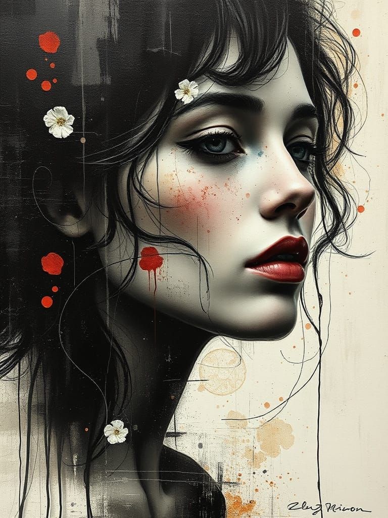 Grunge Charcoal Portrait in Encaustic Wax