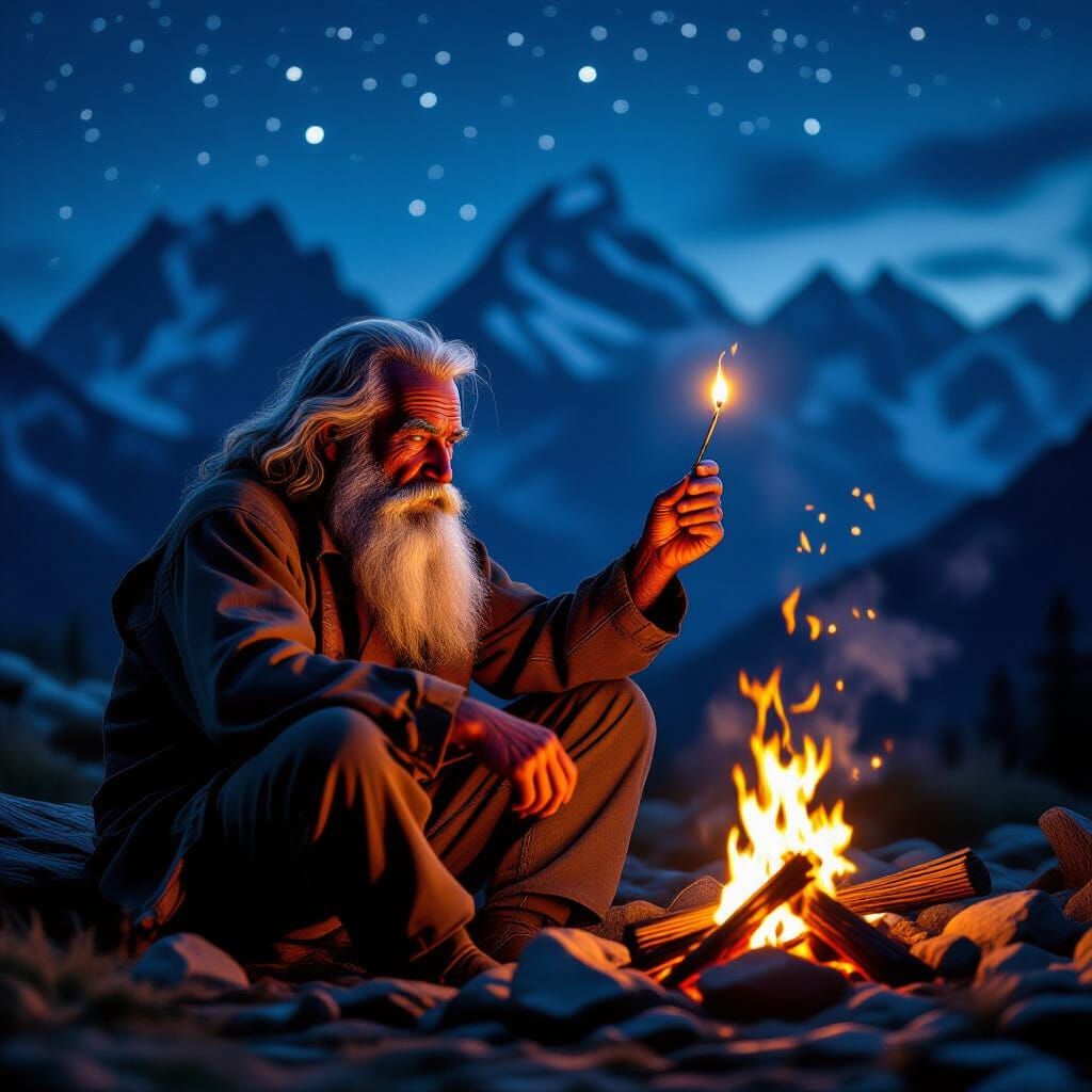 Old Mountain Man by Campfire in Starry Night