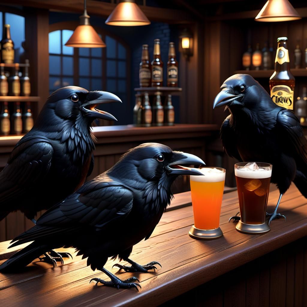 Pixar Crows at Tavern Bar in Humorous 3D Scene