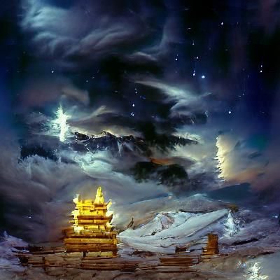 Snowflake Temple Under Aurora: Oil Painting
