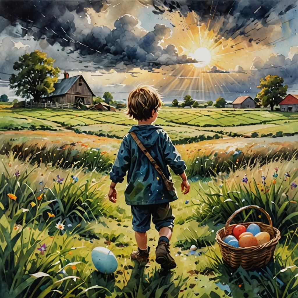 Watercolor Easter Egg Hunt Under God Rays