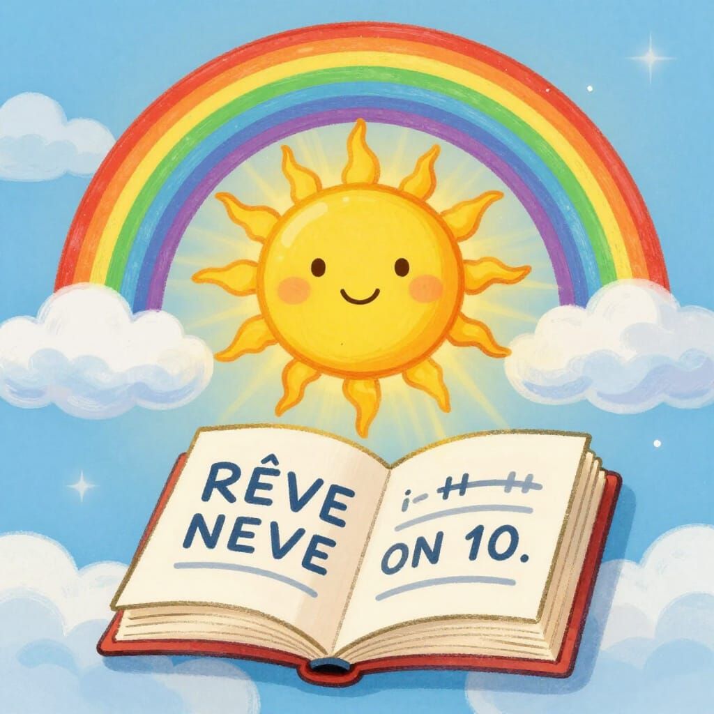 Benevolent Sun Descends with Rainbow Over Open Book
